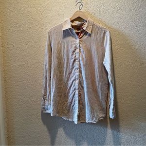 Johnny Was tan striped multicolored heavily embroidered boho shirt, size M